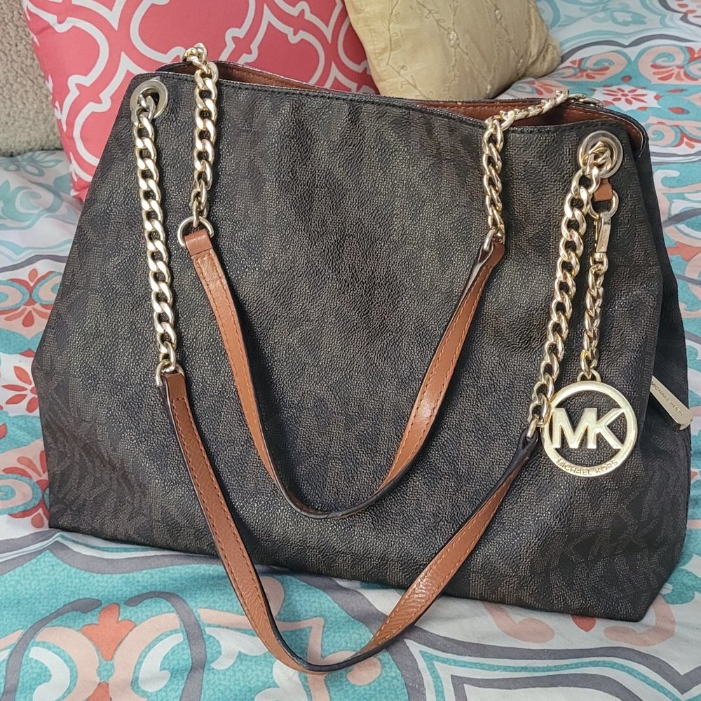 Michael Kors Hobo Shoulder Bag Signature Brown Leather with Gold Accents